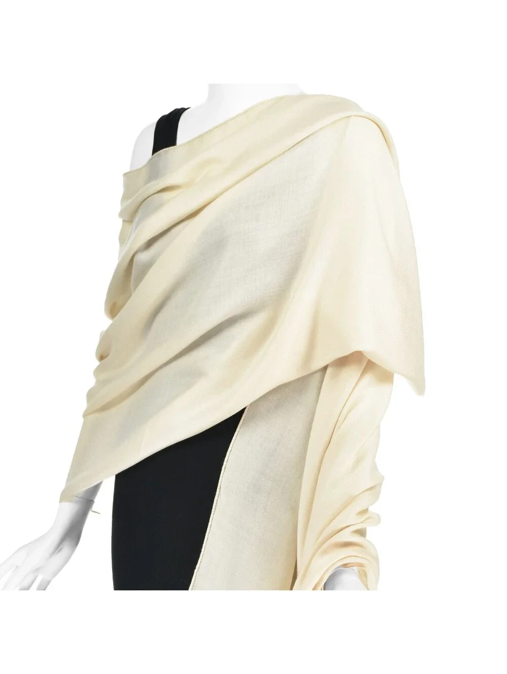 LORO PIANA Lightweight Ivory Cashmere Twill Shawl with Delicate Fringe, 32x82in